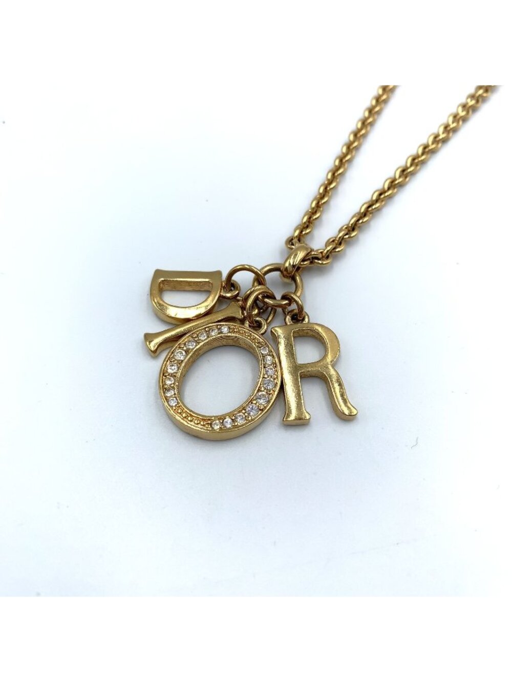 Dior Logo Charm Rhinestone Clear Gold Necklace